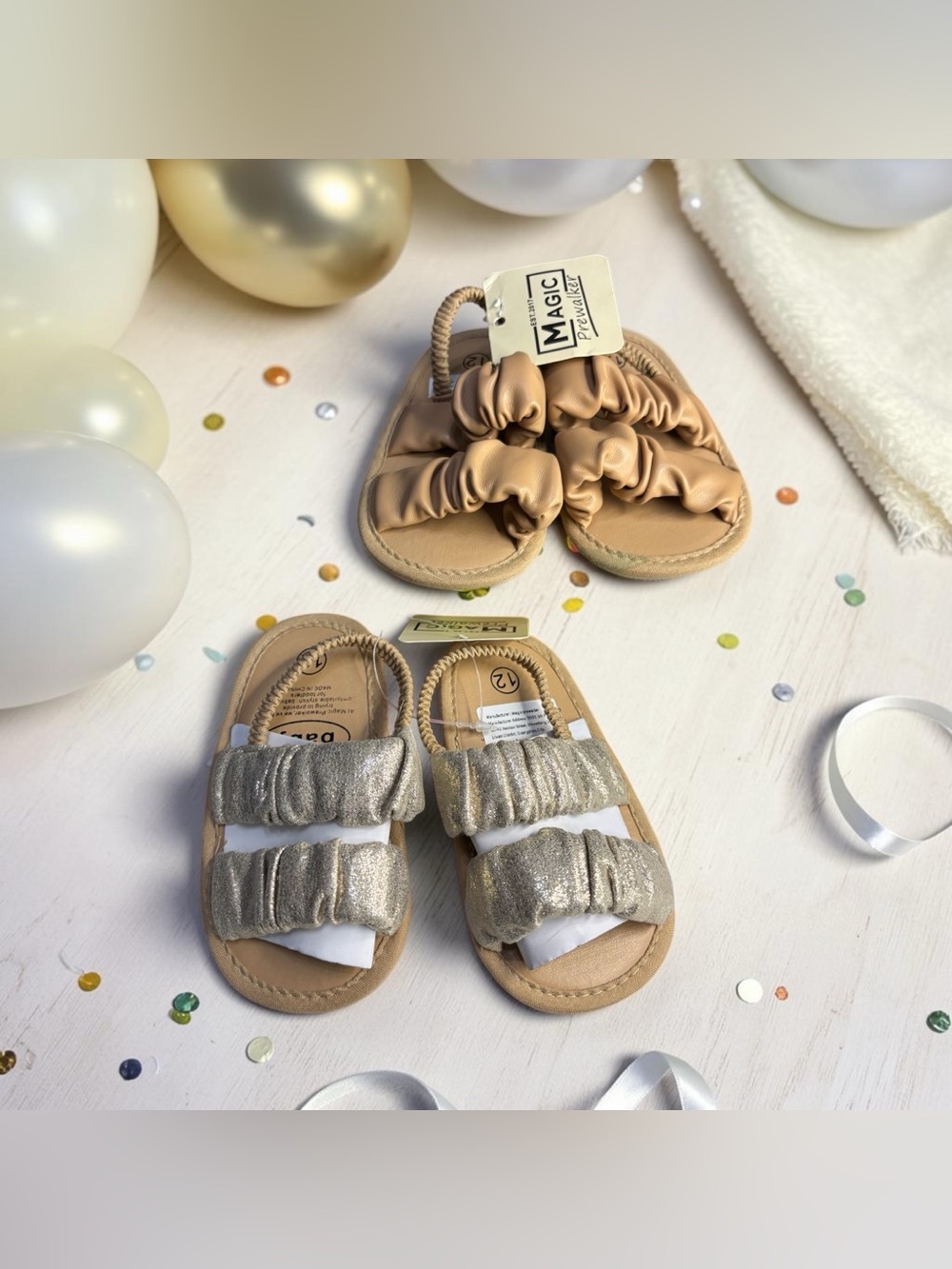 2 Pairs Magic Prewalker Baby Girl Shoes Sandals Metallic & Tan Size 12